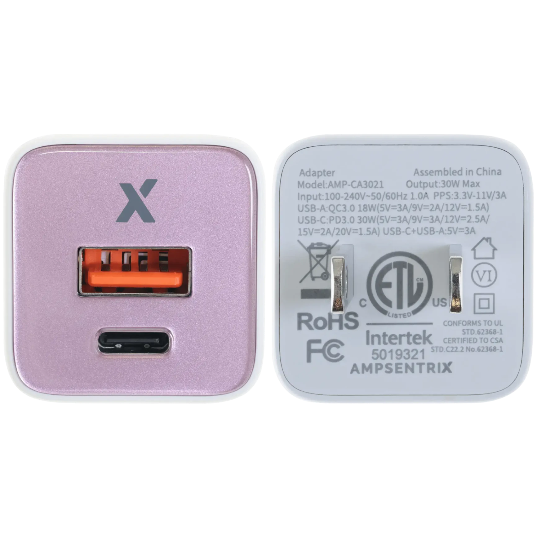 AmpSentrix Pro 30W 2-in-1 USB-C / USB-A GaN Wall Adapter (Pink)