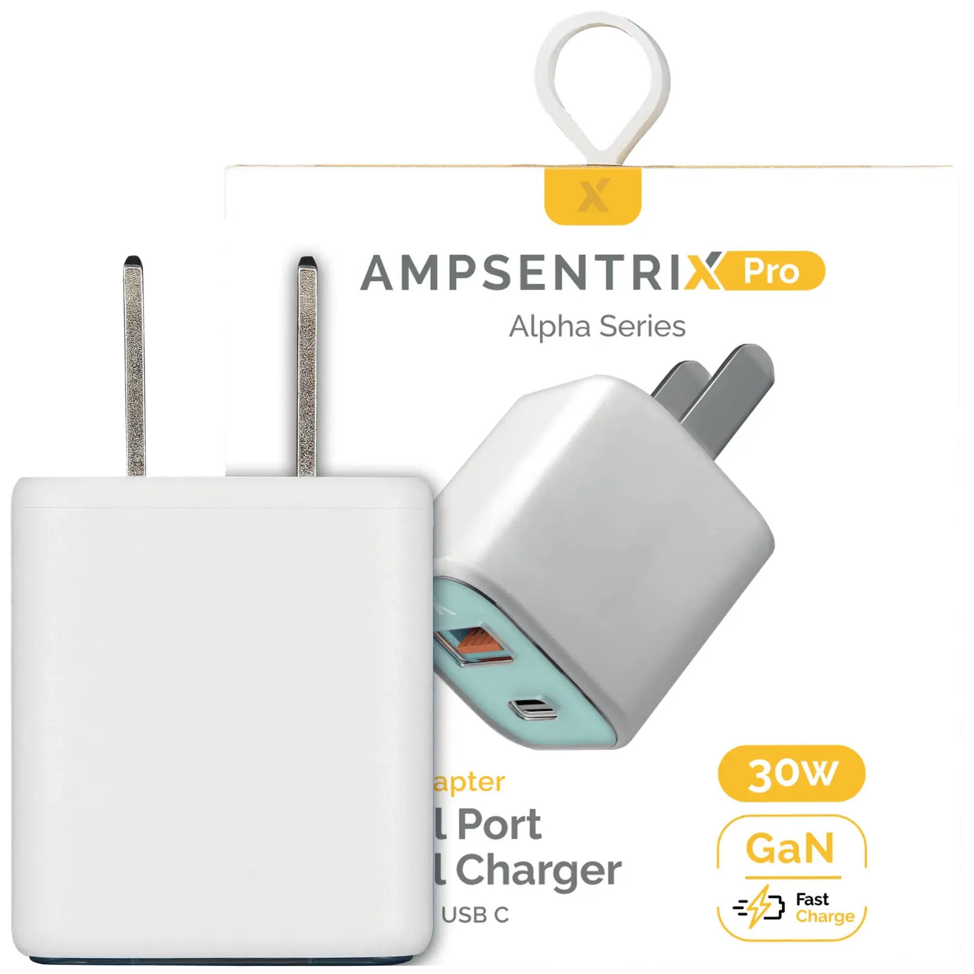 AmpSentrix Pro 30W 2-in-1 USB-C / USB-A GaN Wall Adapter (Teal)